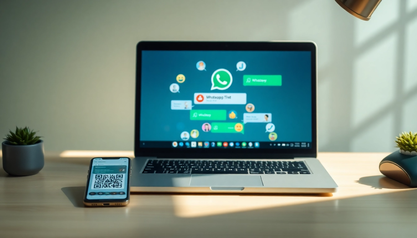 WhatsApp网页版 interface on a laptop with vibrant chat bubbles, showcasing seamless communication.