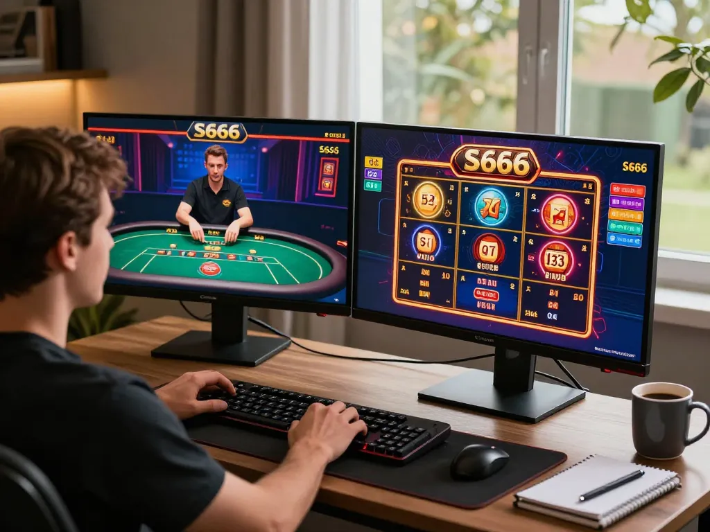 S666 online gamblers engaged in live poker gameplay at home, showcasing a modern gaming setup.