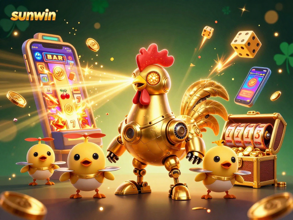Win big with sunwin's dynamic gaming featuring a golden rooster robot and exciting slot elements.