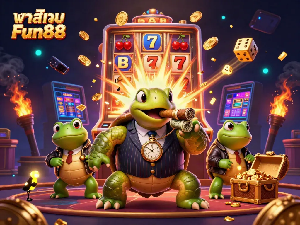 Experience thrilling gameplay at คาสิโน Fun88 with vibrant casino elements and charming cartoon characters.