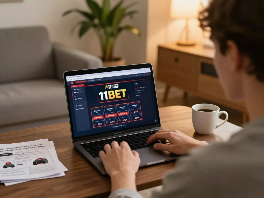 Player engaging with 11bet's online casino interface from a cozy home setup, enjoying comfortable gaming.