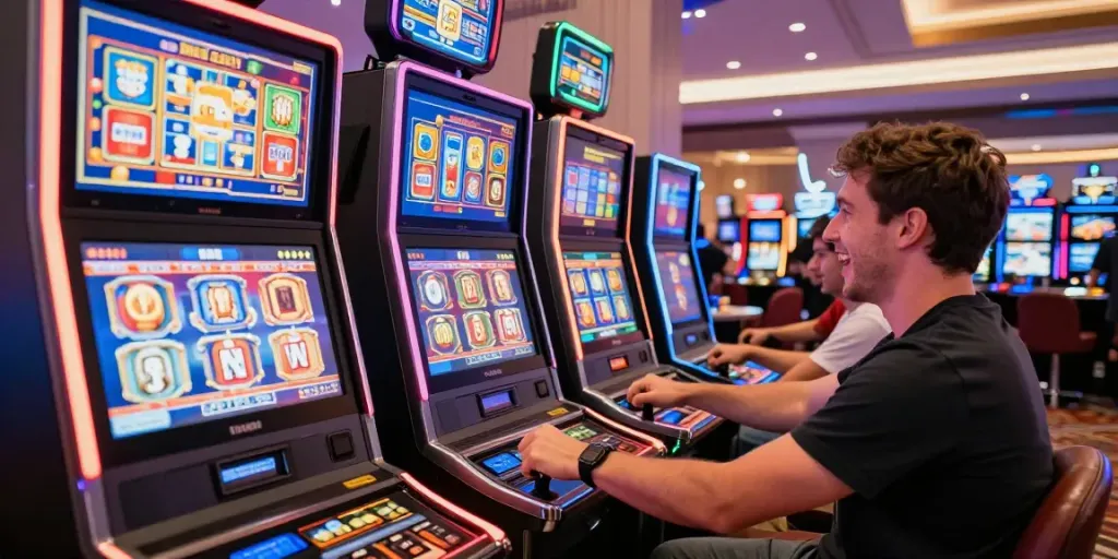 Exciting player at https://five88bet.org/ dynamic slot machine in a vibrant casino.