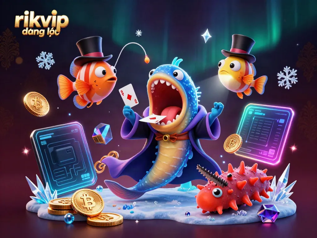 Engage with the thrilling magic of rikvip đăng nhập as a bioluminescent eel performs card tricks among glowing cryptocurrencies.