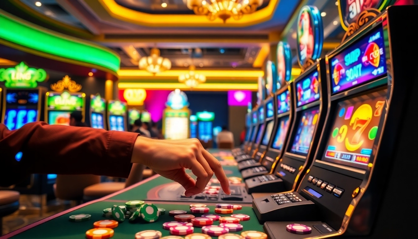 Nổ Hũ Cm88 slot machines generate thrilling jackpot excitement in a vibrant casino atmosphere.
