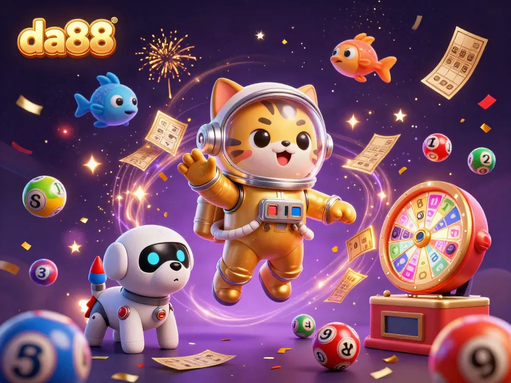 Play thrilling games at da88 with vibrant elements like colorful lottery balls and dynamic prize wheels.