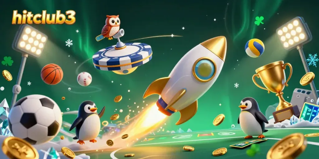 Experience the thrill of hitclub3 with a lively scene featuring a golden penguin and casino elements.