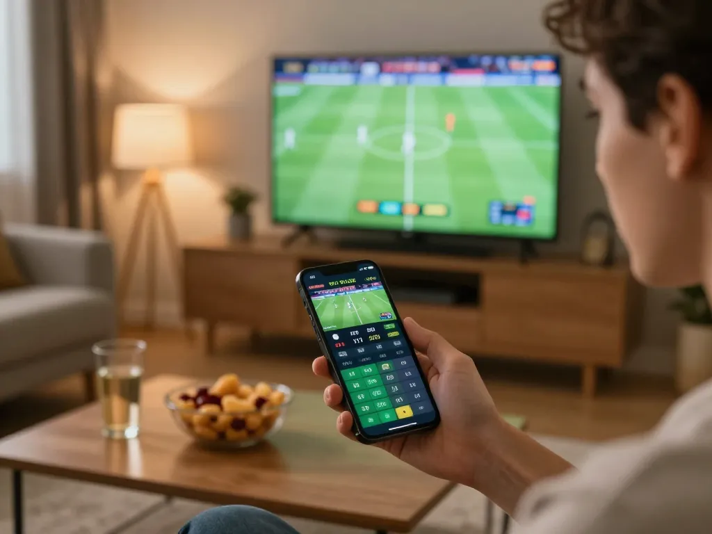 Engaged player using tv88 mobile app to place live sports bets in a cozy living room.