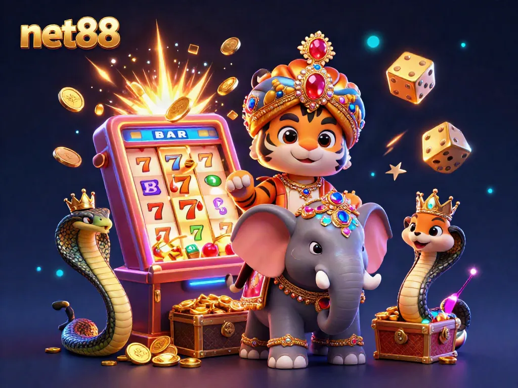 Engage with net88 gaming excitement through a vibrant 3D illustration filled with jackpot elements and animated characters.