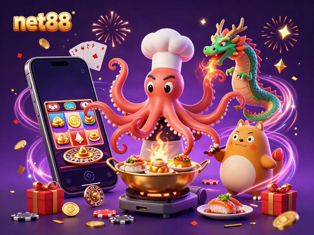 Experience exciting gaming adventures with net88 in a colorful casino scene featuring unique characters.