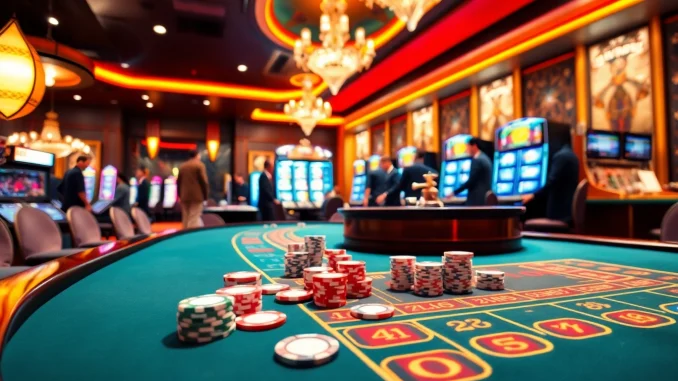 Experience the excitement of ta88 club with casino tables, vibrant lights, and luxury gaming elements.
