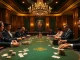 A thrilling poker game at a luxurious casino table featuring king88 vina branding with elegant players and chips.