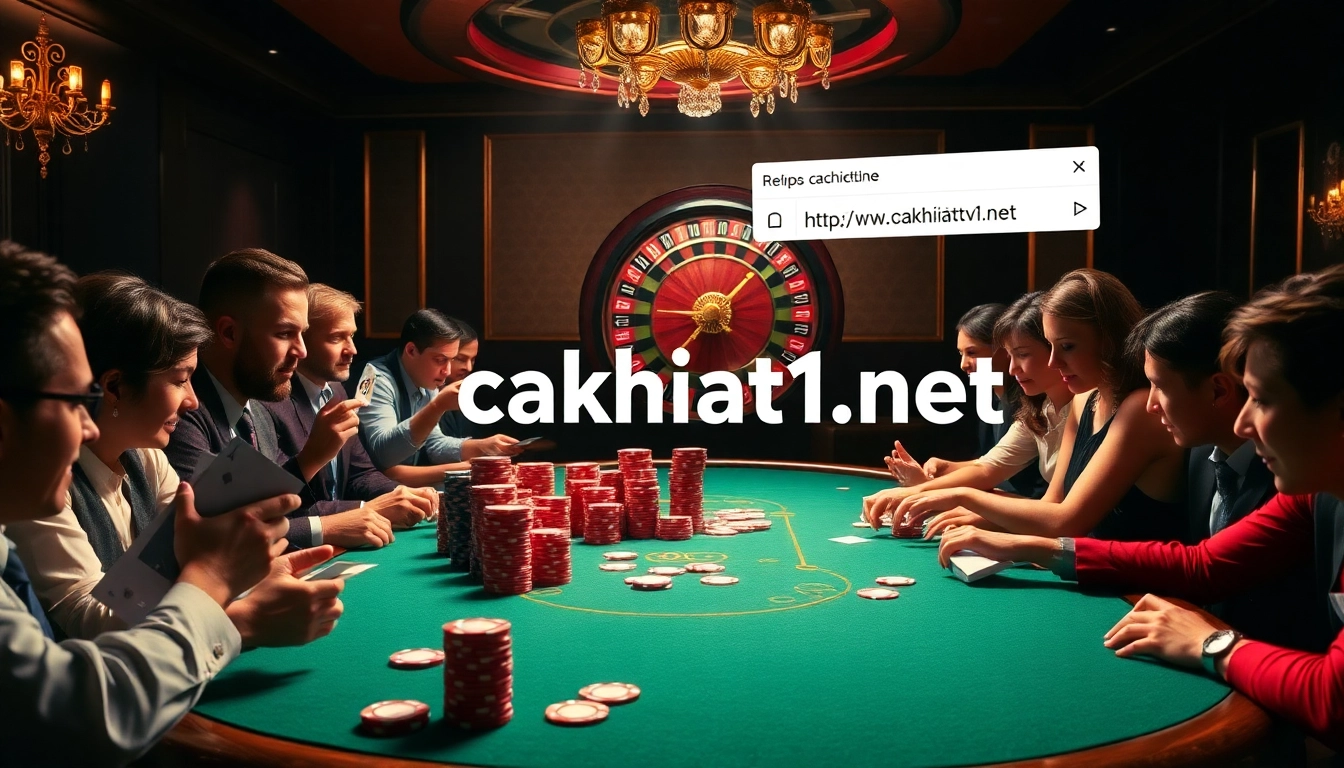 Players engaged in thrilling poker action at https://cakhiatv1.net with vibrant chips and a roulette wheel.