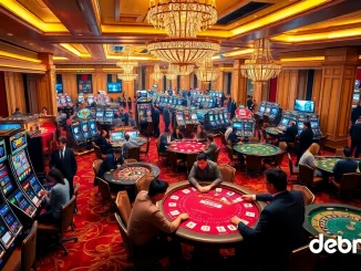 An engaging casino scene showcasing players enjoying debet net betting at poker and roulette tables.