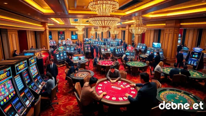 An engaging casino scene showcasing players enjoying debet net betting at poker and roulette tables.