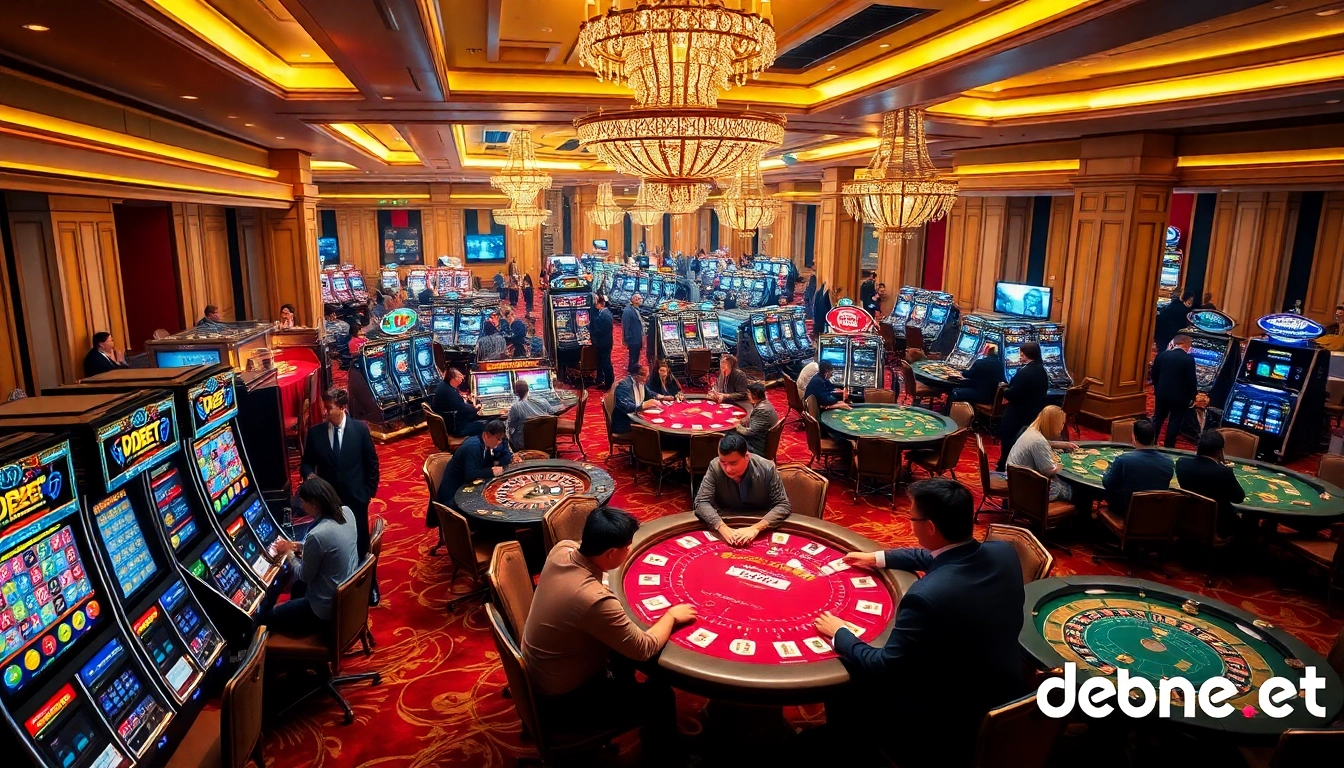 An engaging casino scene showcasing players enjoying debet net betting at poker and roulette tables.