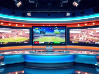 Dynamic sports broadcasting studio showcasing live feeds and vibrant graphics.