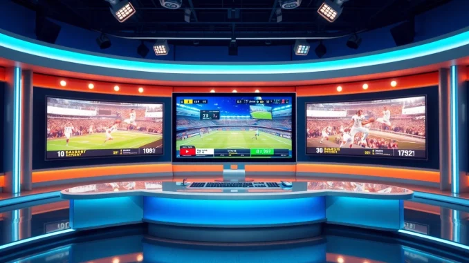 Dynamic sports broadcasting studio showcasing live feeds and vibrant graphics.
