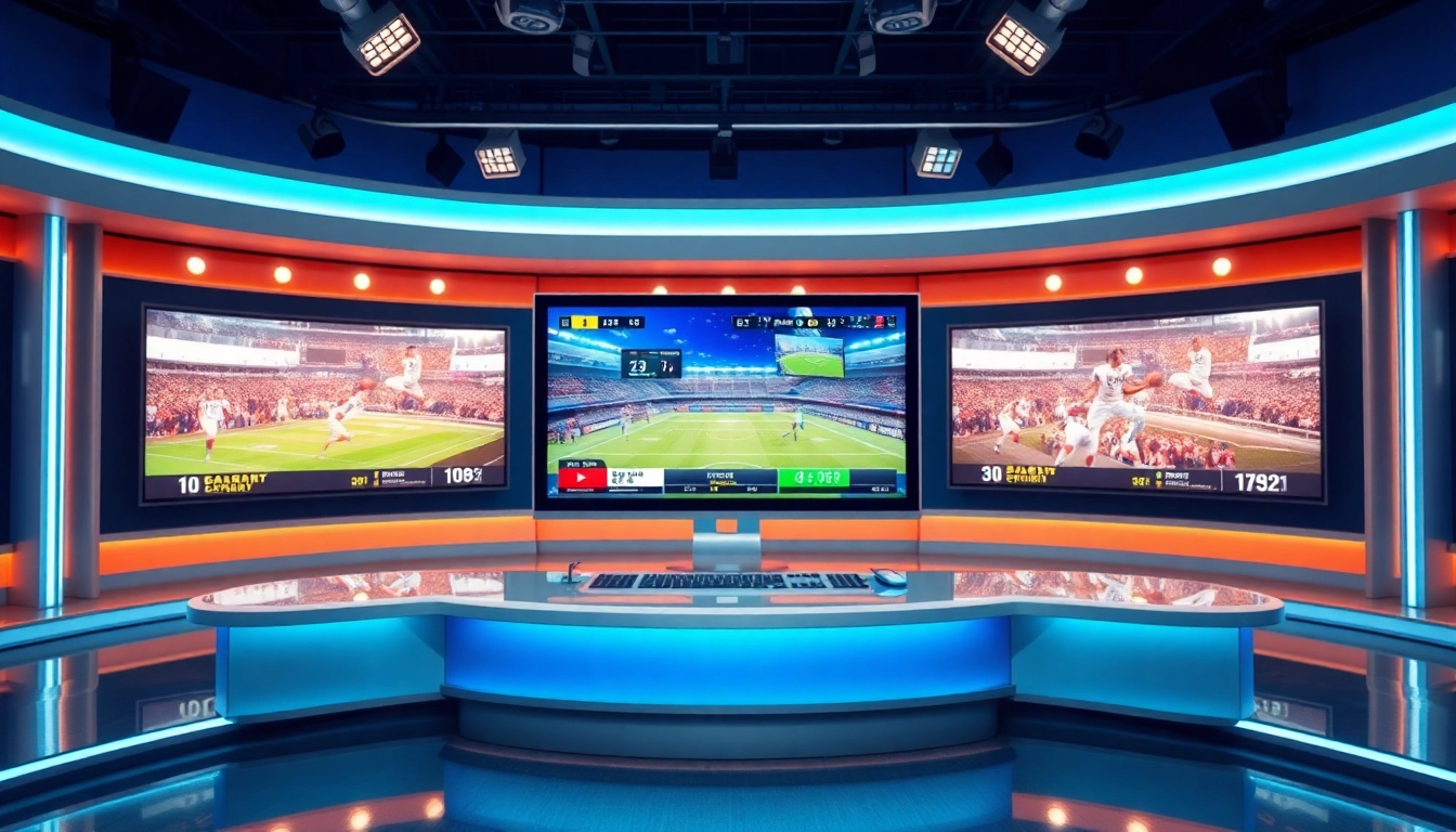 Dynamic sports broadcasting studio showcasing live feeds and vibrant graphics.