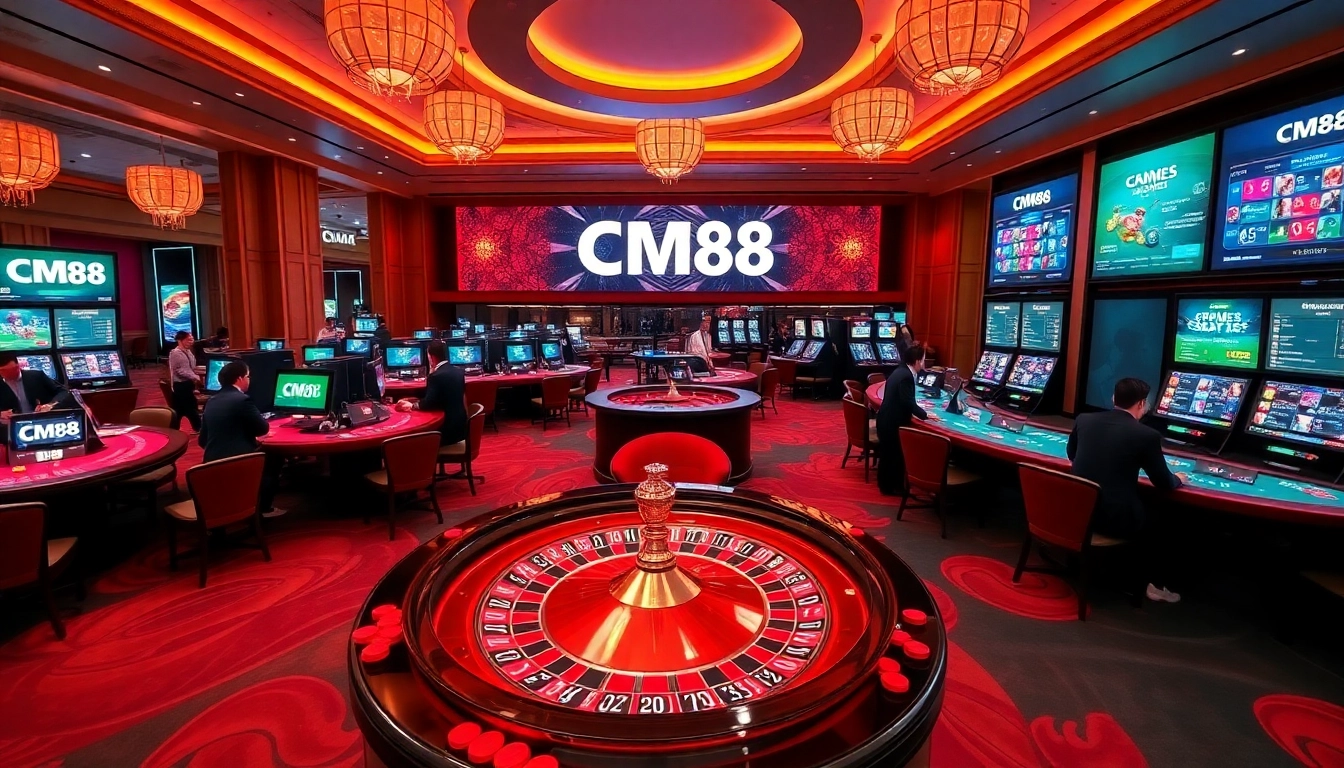 Experience thrilling gameplay at CM88's luxurious casino with vibrant roulette and poker tables.