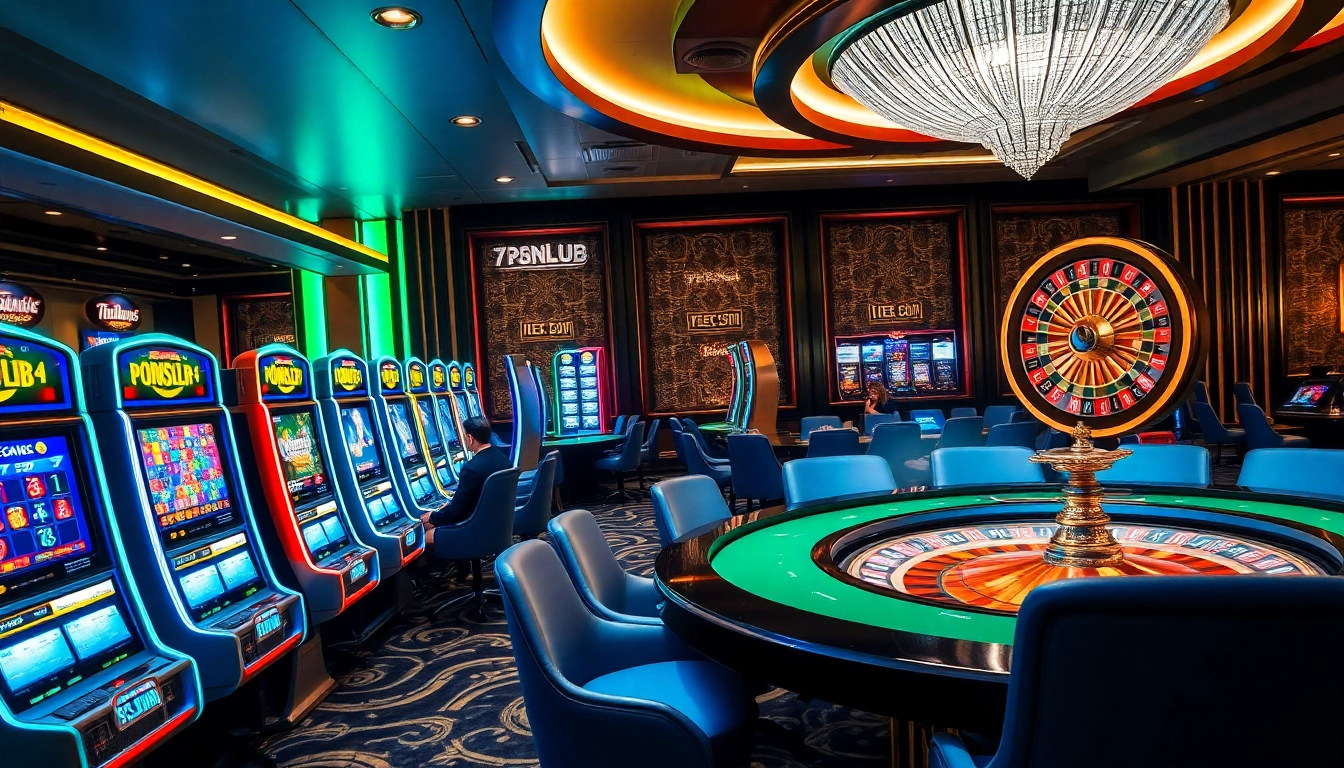 Players enjoying a thrilling game at 789club casino, showcasing vibrant slot machines and poker tables.