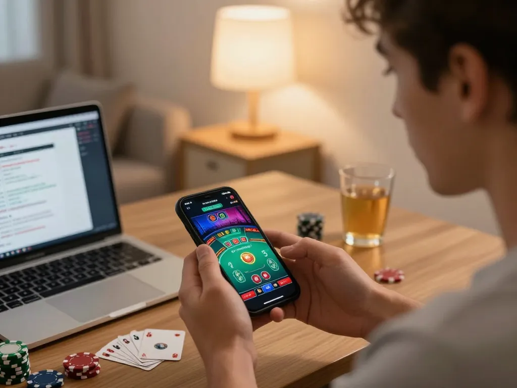 Engaging gameplay on https://cm888.mobi/ live dealer game app in a cozy home setting.