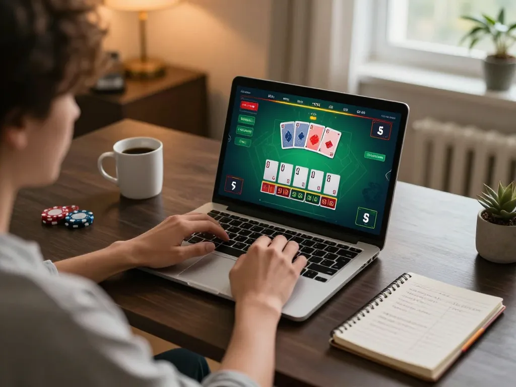 Engaging in an online blackjack game at https://x88.design/, showcasing strategic gameplay at home.