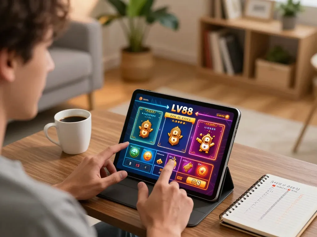 Engaged user playing LV88 on tablet at home, showcasing a fun and strategic online gaming session.