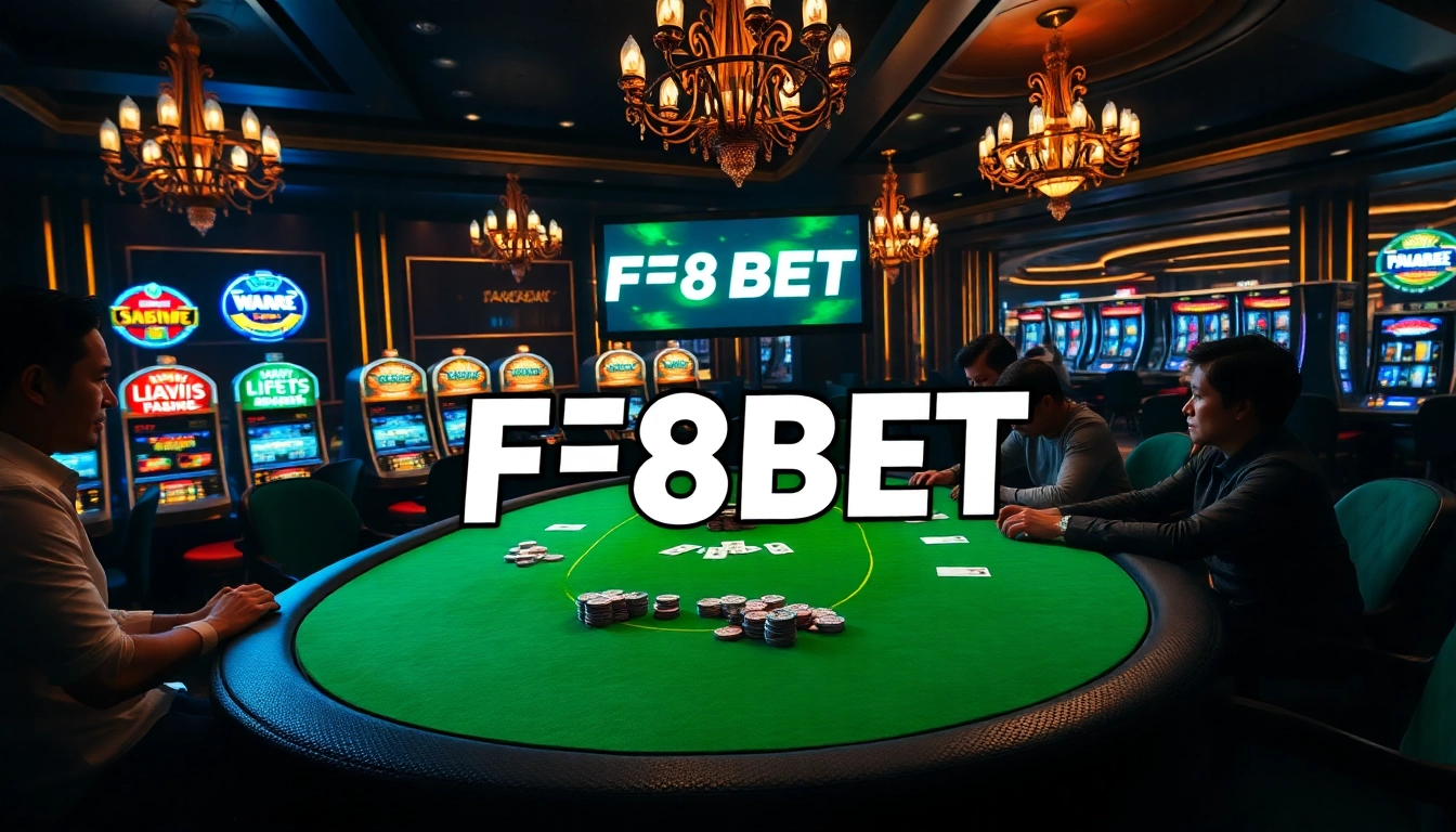 Experience F8BET's thrilling poker action at a luxurious casino table with vibrant chips.