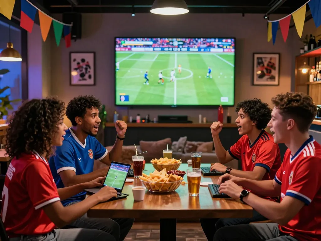Excited fans watching live football on cakhiatv.uk.com in a lively sports setting.