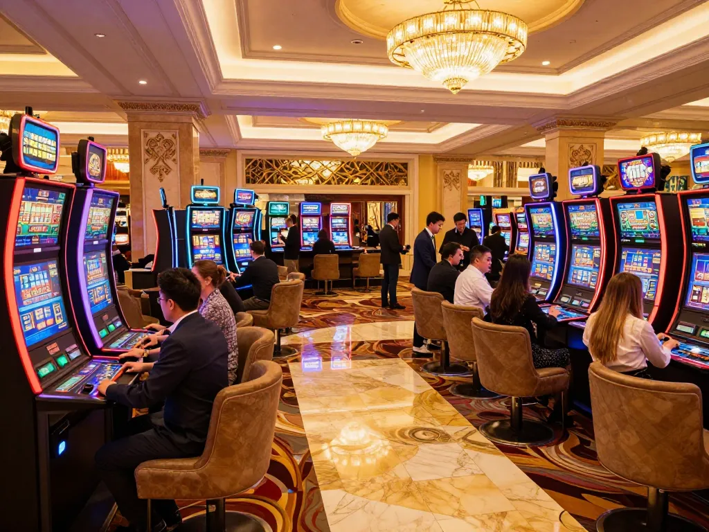 Experience thrilling gaming at https://debet.talk/ with guests enjoying high-end slots in a luxurious casino.