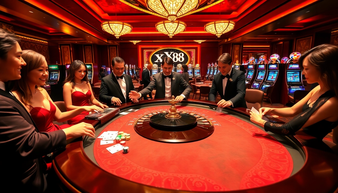 Experience the thrilling gameplay at XX88 casino with vibrant roulette and lively players.