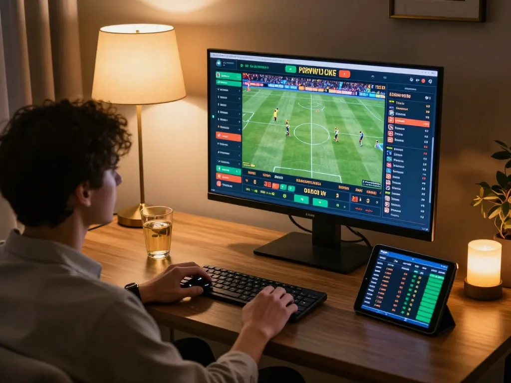 Person engaging in online sports betting at home through xo88 platform showing live events.