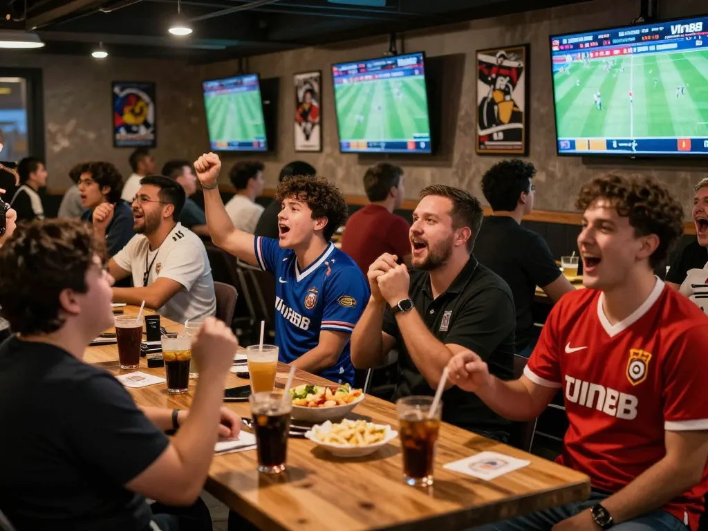 Vin88 sports betting lounge scene with friends cheering during a live match, capturing the excitement of betting.