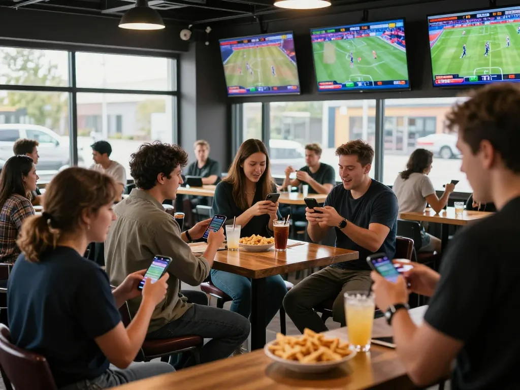 Fans passionately placing bets on 9bet at a lively sports bar during an exciting game.