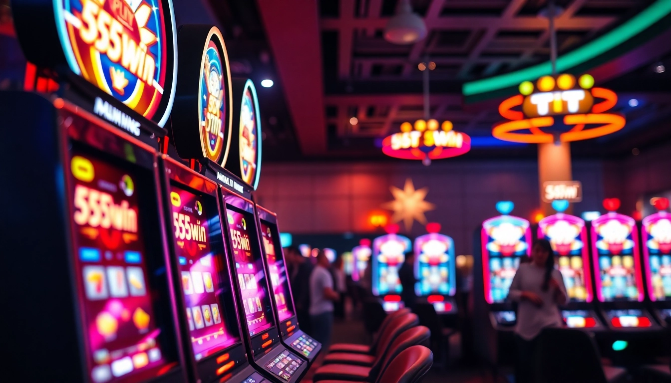 Experience the excitement of 555win gaming with vibrant slot machines and a lively atmosphere.
