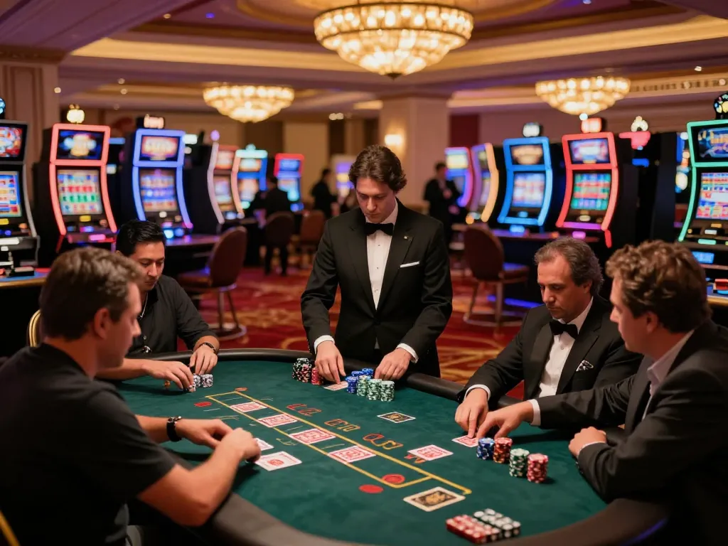 Players enjoying blackjack tables at a glamorous Las Vegas casino, highlighting CM88's gaming strategy.