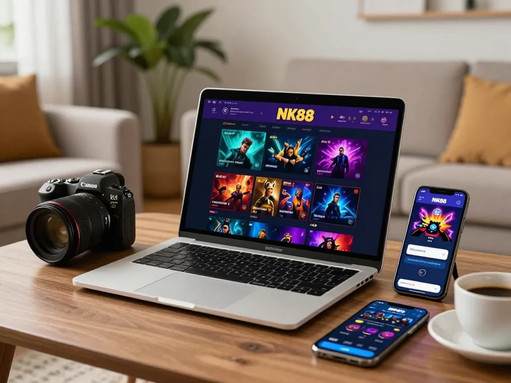 Engaging with NK88 online casino on a laptop in a cozy home environment, promoting responsible gambling.