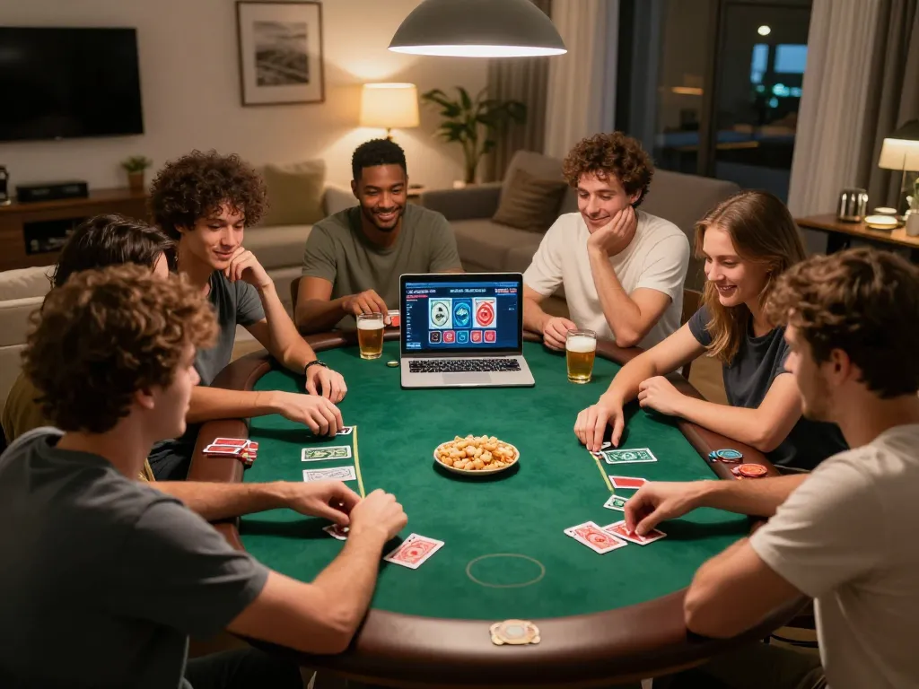 Friends enjoying online gaming at home using LC88 on their laptop with snacks and drinks