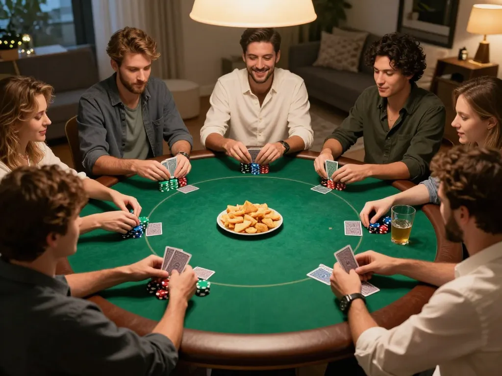 SC88 VIP players engaged in an intense home poker game night, showcasing strategy and excitement.