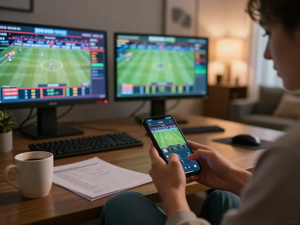Engaging in sports betting with RR99 on a smartphone, showing real-time odds and game stats.