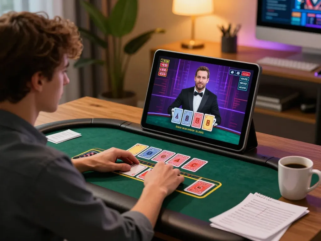 Engaging gameplay at 77WIN as a player enjoys live dealer blackjack on a tablet.