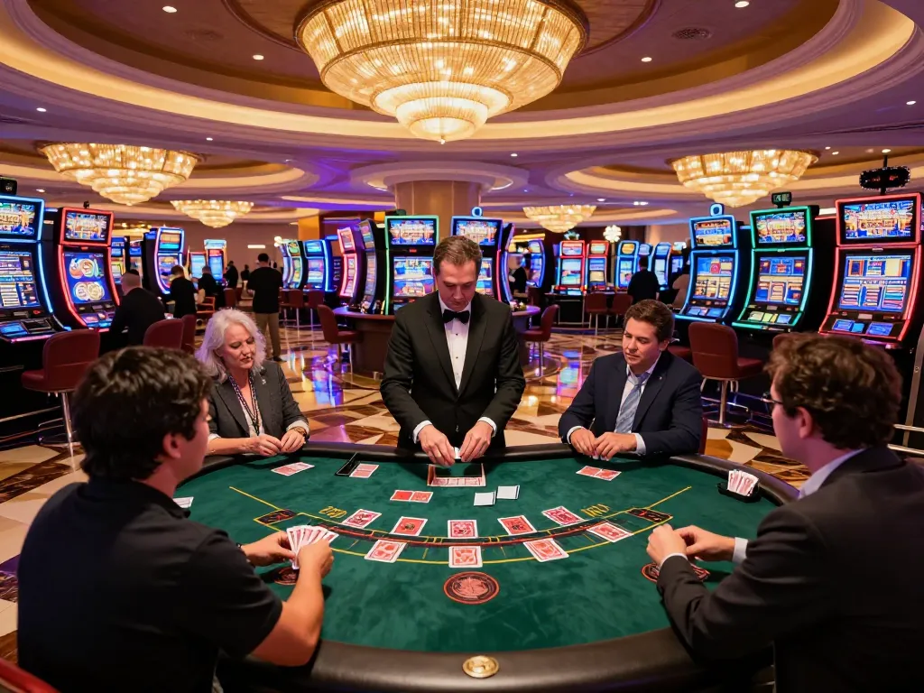 TA88 players engaging at a blackjack table in a vibrant casino, highlighting strategic gameplay.