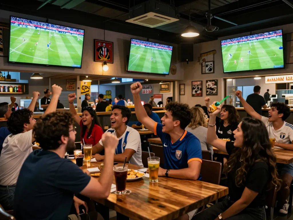 Fans cheering during trực tiếp bóng đá at a lively sports bar, capturing the excitement of live matches.