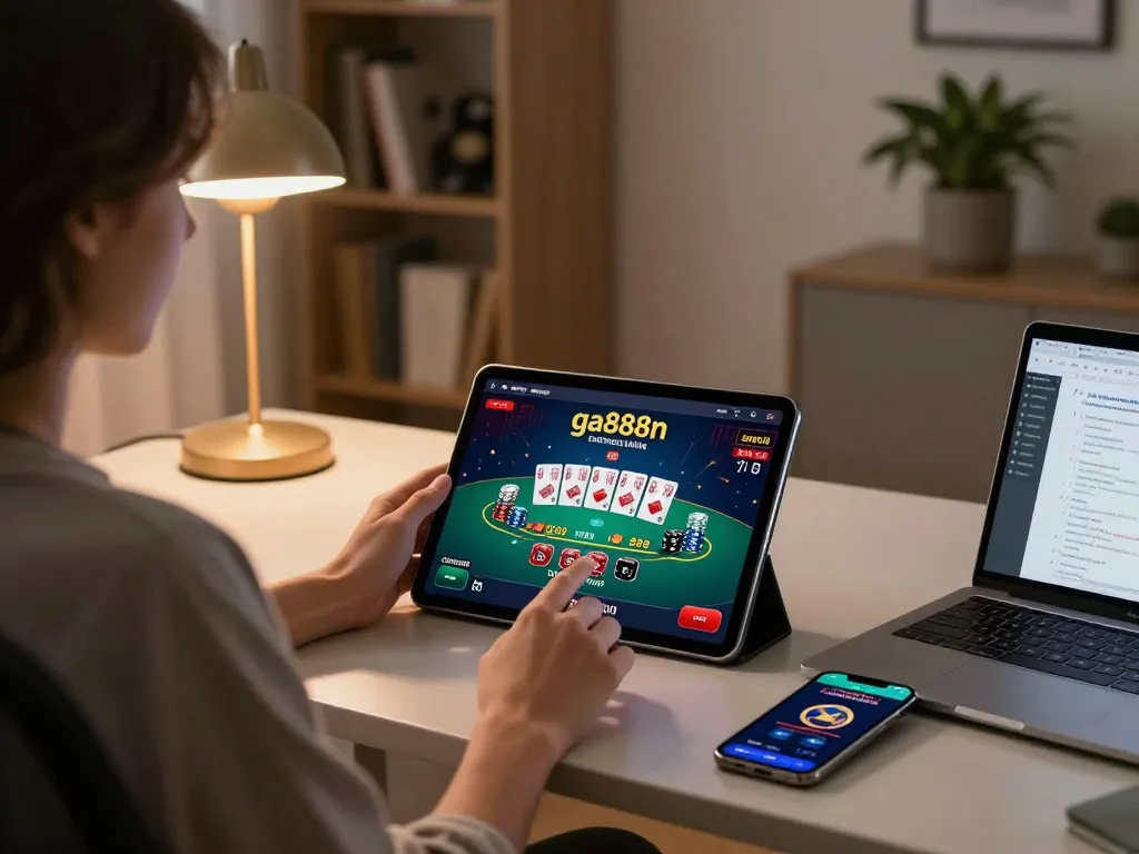 Person playing ga888n online casino on tablet, showcasing live dealer blackjack game.