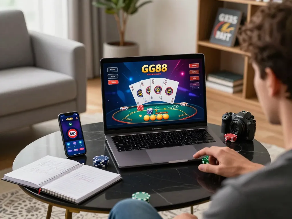 Player engaging with the GG88 live dealer game on laptop, showcasing a vibrant gaming experience.