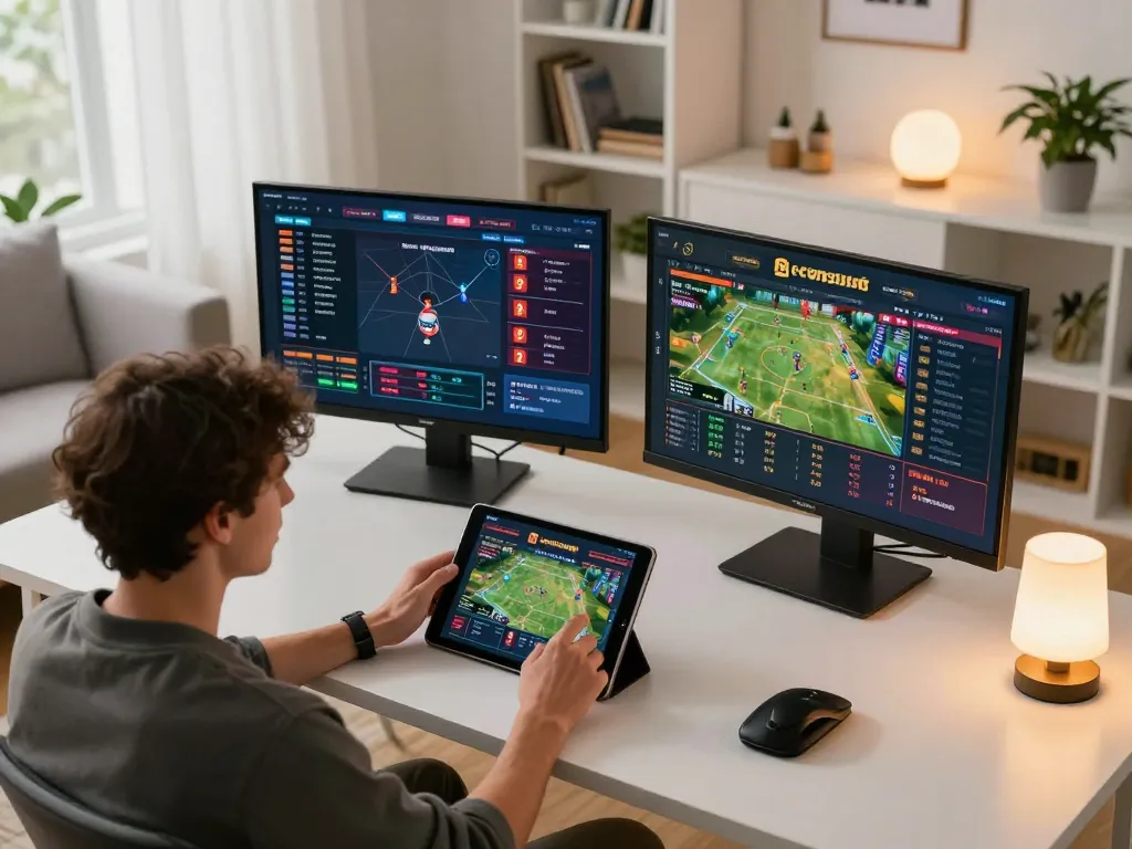 Player engaged in online sports betting while accessing link xx88 through a tablet in a well-designed home office.