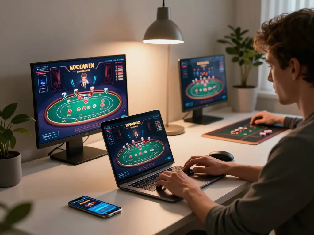 Engaging in keonhacai tv poker gameplay at home with laptop and mobile app.