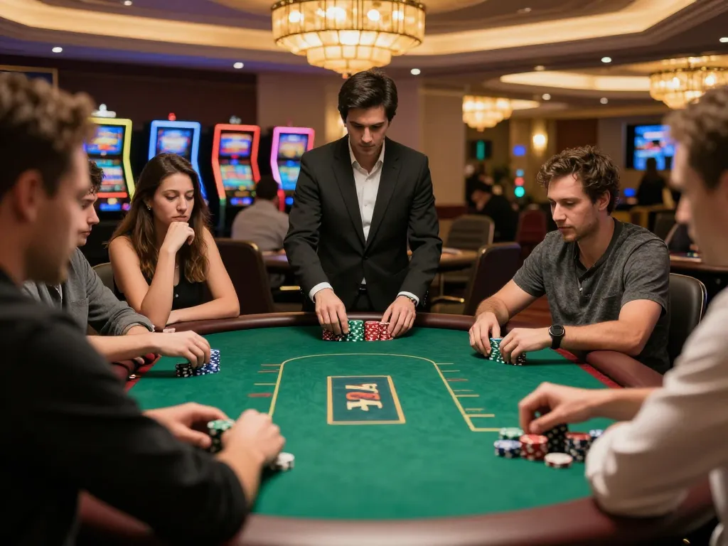 Players strategizing at a poker table in a casino, exemplifying the excitement of 5679 gaming.