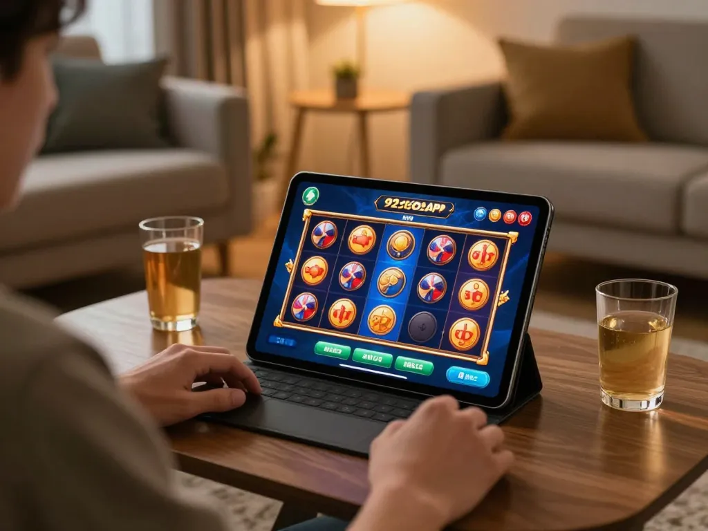 Player enjoying 92slot online gaming on a tablet in a cozy living room with vibrant slot graphics