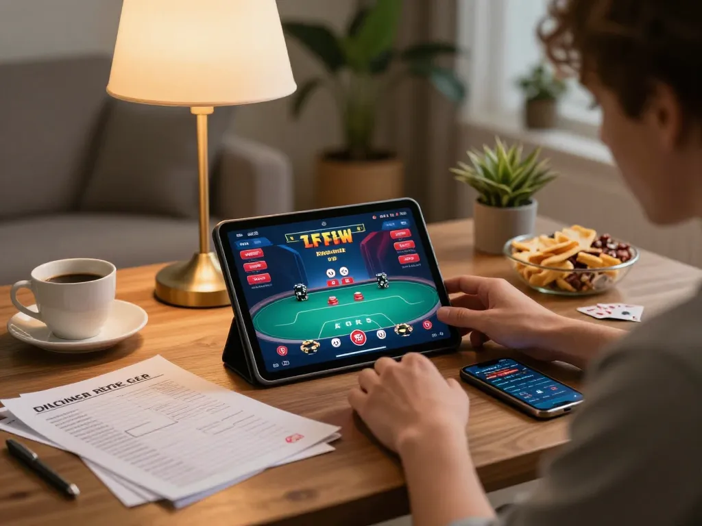 Player enjoying online gambling with 98 WIN strategy notes, cozy home setting.
